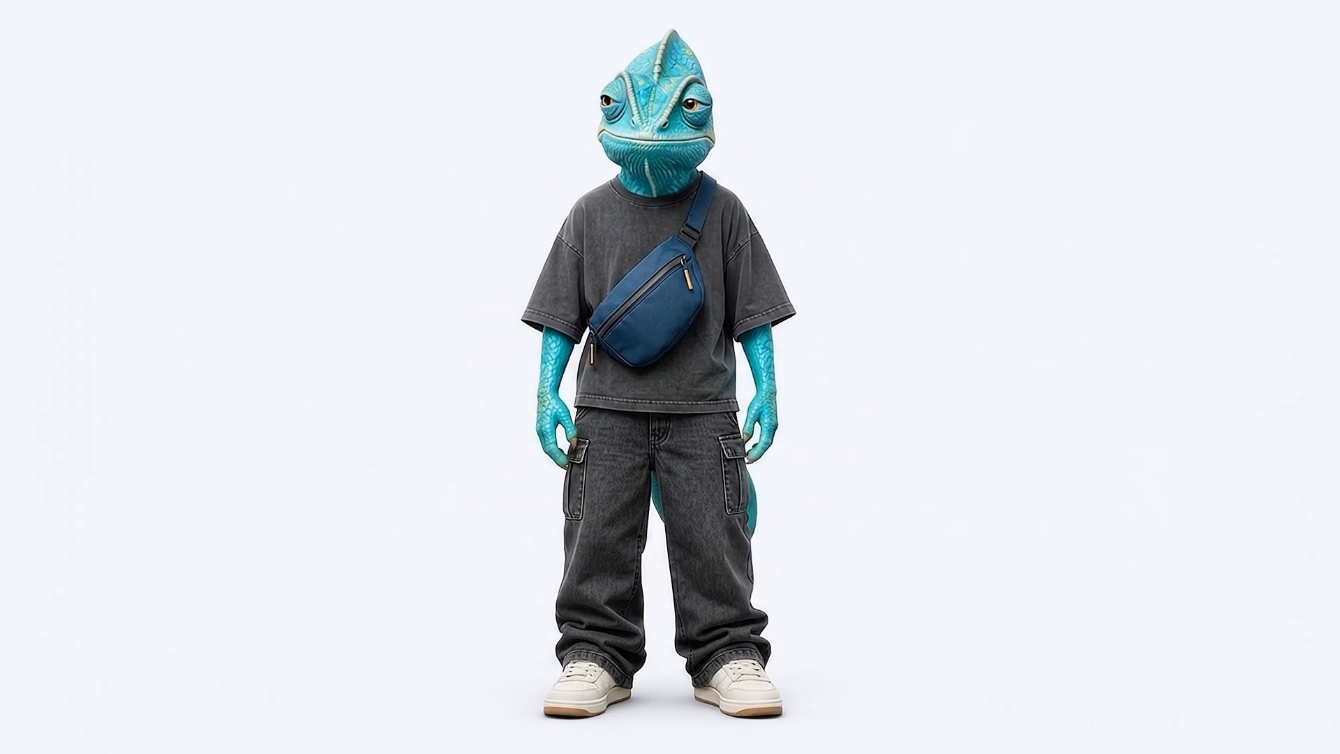 Modo, o camaleão do MODO, de camiseta preta e bolsa azul-marinho, em pé sobre fundo claro.